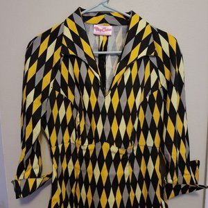 Pinup Couture Lauren Harlequin Top in yellow, gray and black